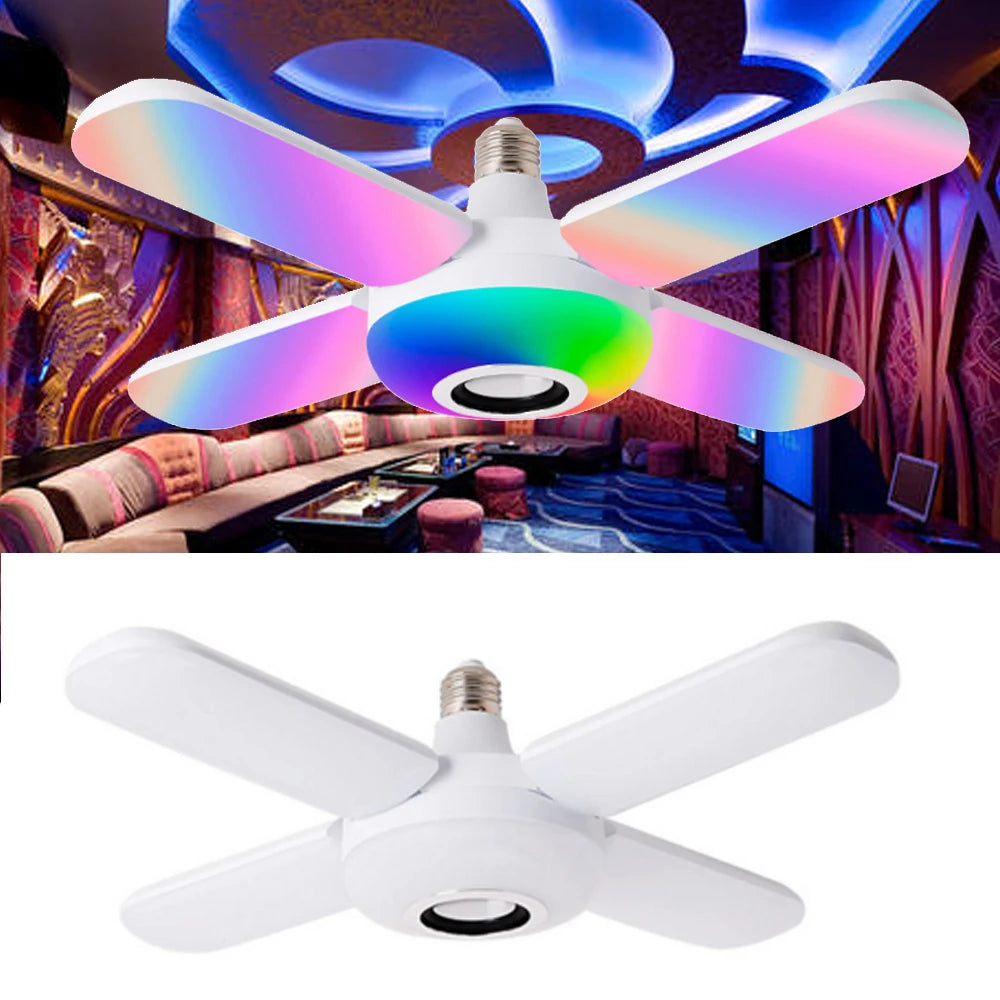 Bluetooth Music Light RGB Four Leaves Fan Shaped 50W E27 LED Bulb With Remote Control Foldable Bulb Smart Speaker Lamp AC85-265V