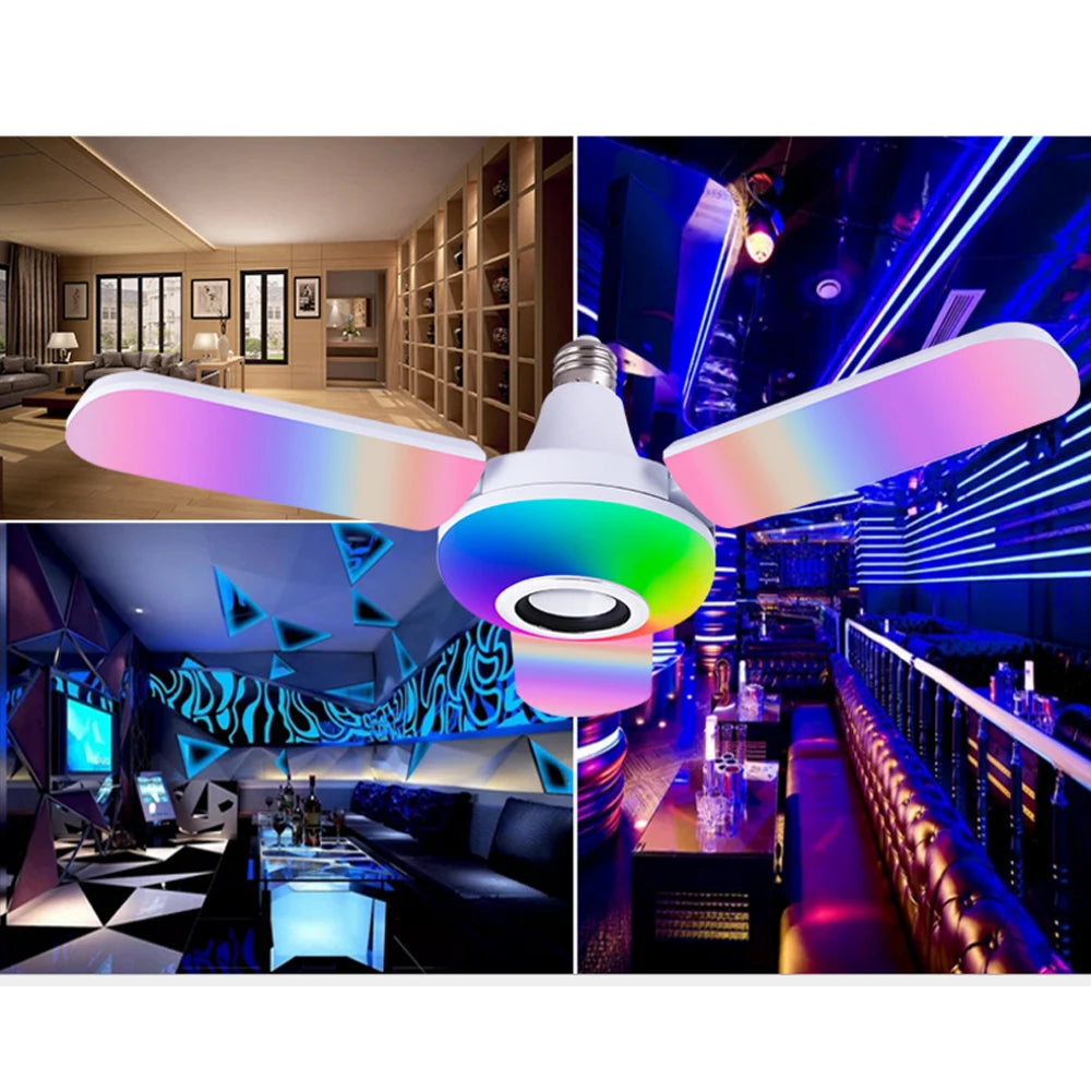 Bluetooth Music Light RGB Four Leaves Fan Shaped 50W E27 LED Bulb With Remote Control Foldable Bulb Smart Speaker Lamp AC85-265V