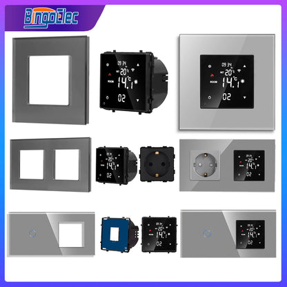 Bingoelec Glass Panel Grey Wall Switch Tuya WiFi Smart Thermostat EU Standard Socket USB Type-A&C Charger Module DIY Combination