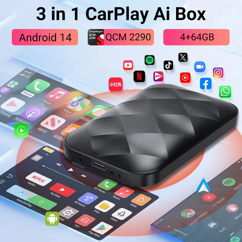 New 3in1 Android 14 Wireless CarPlay Smart Box Android Auto For Youtube Netflix WIFI Adapter Plug and Play For Toyota Mazda Ford