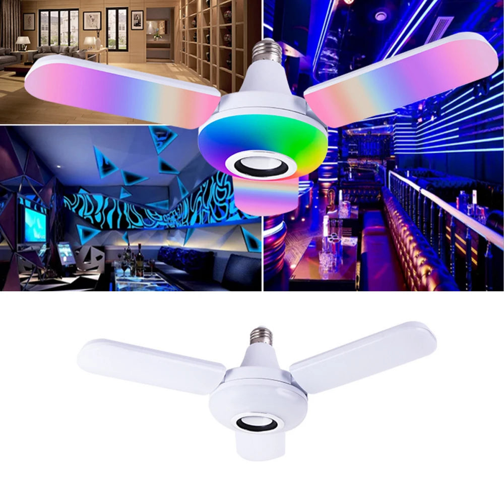 Bluetooth Music Light RGB Four Leaves Fan Shaped 50W E27 LED Bulb With Remote Control Foldable Bulb Smart Speaker Lamp AC85-265V